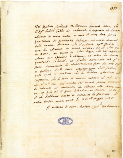 La lettera autografa di Roberto Bellarmino che scagiona Galileo Galilei dall’accusa di eresia